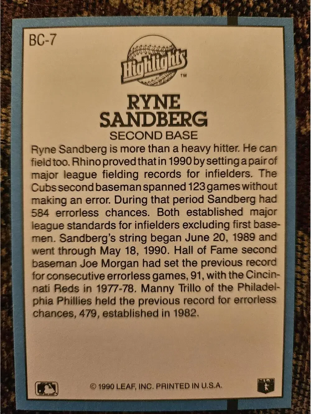 Ryne Sandberg (Rip)  HOF - 1991 Donruss Highlights Insert  #BC-7 MLB Baseball